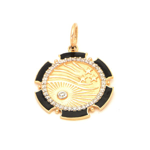 Black Enamel Edge Pave Diamond Halo Single DIamond Shooting Star 14k Disk Charm .24cw