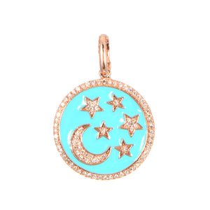 Pave Diamond Moon + Star Pave Diamond Outline Turquoise Enamel Disk 14k Charm .22cw