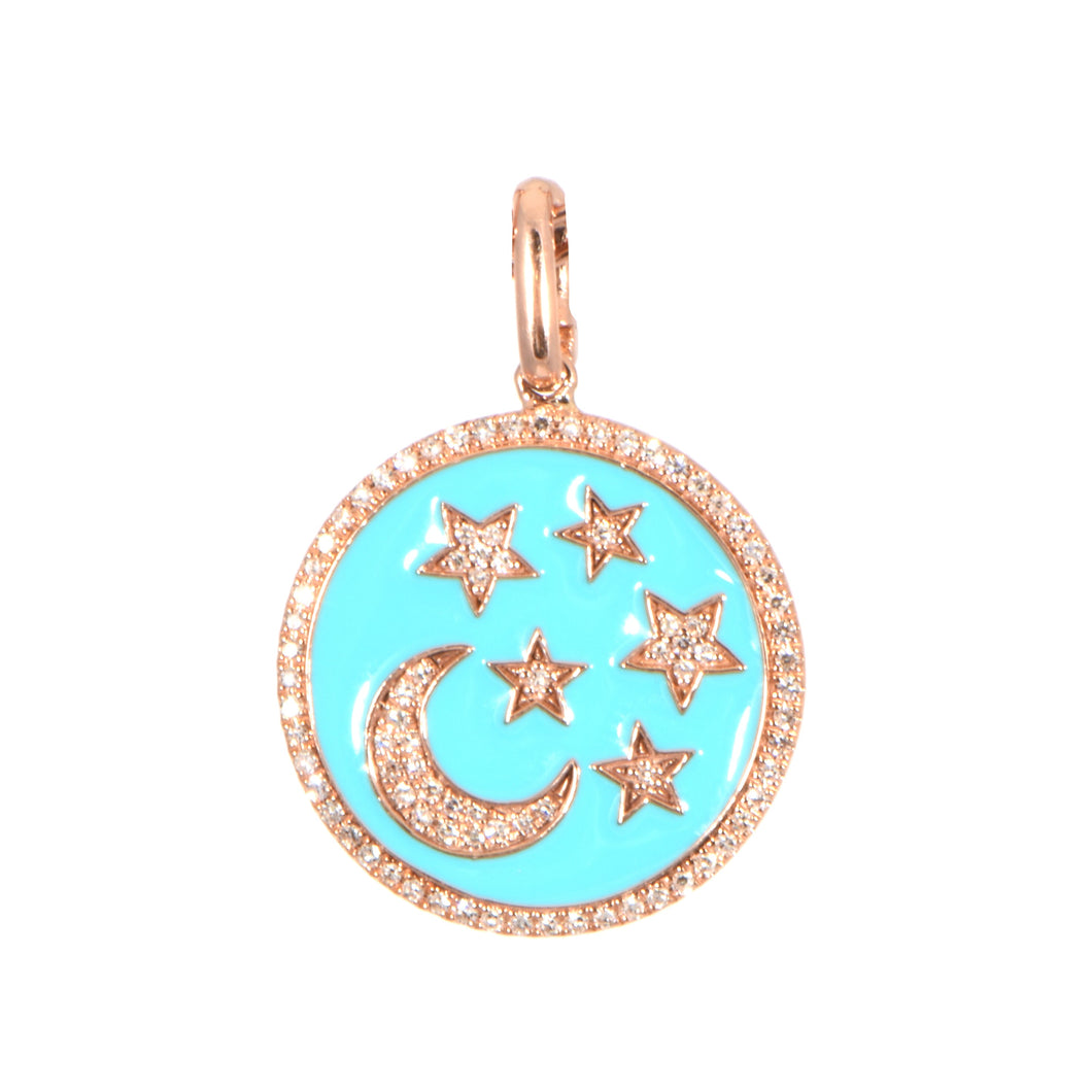 Pave Diamond Moon + Star Pave Diamond Outline Turquoise Enamel Disk 14k Charm .22cw