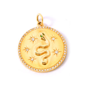 Pave Diamond Edge Emerald Eye Snake Diamond Twinkle 14k Disk Charm .15cw