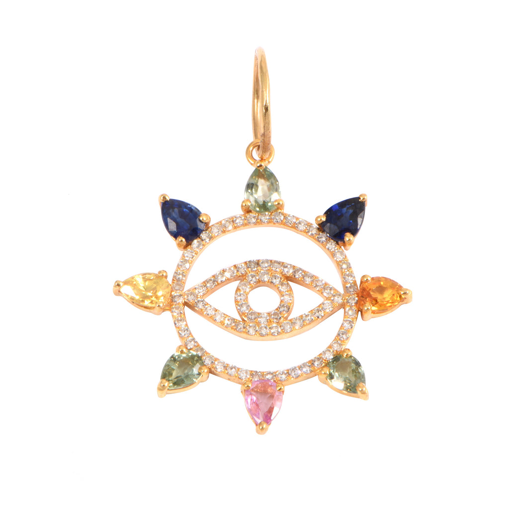 Pave Diamond Evil Eye Outline 8 Tear Drop Sapphire 14k Charm .26cw 1.54scw