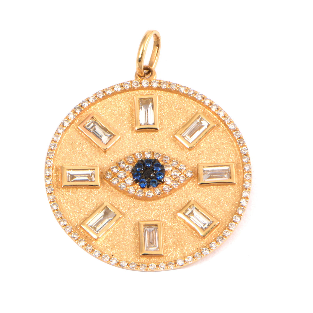 Pave Diamond Bue Sapphire Evil Eye Center 8 Baguette Diamond Sand Blasted 14k Disk Charm .43cw .09scw