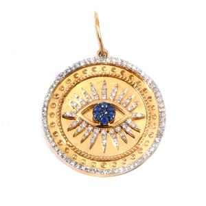 Pave Diamond Blue Sapphire Evil Eye Pave Diamond Outline Disk 14k Charm .22cw