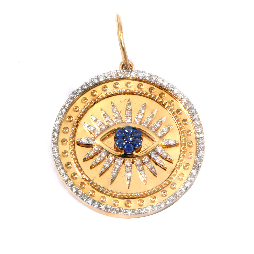 Pave Diamond Blue Sapphire Evil Eye Pave Diamond Outline Disk 14k Charm .22cw